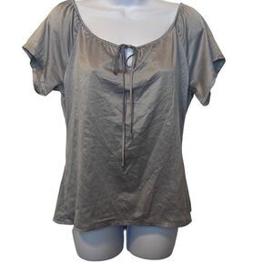 Metro7 Small Silver Metallic Y2K Tie Front Scoop Neck Short Sleeve Slink Blouse